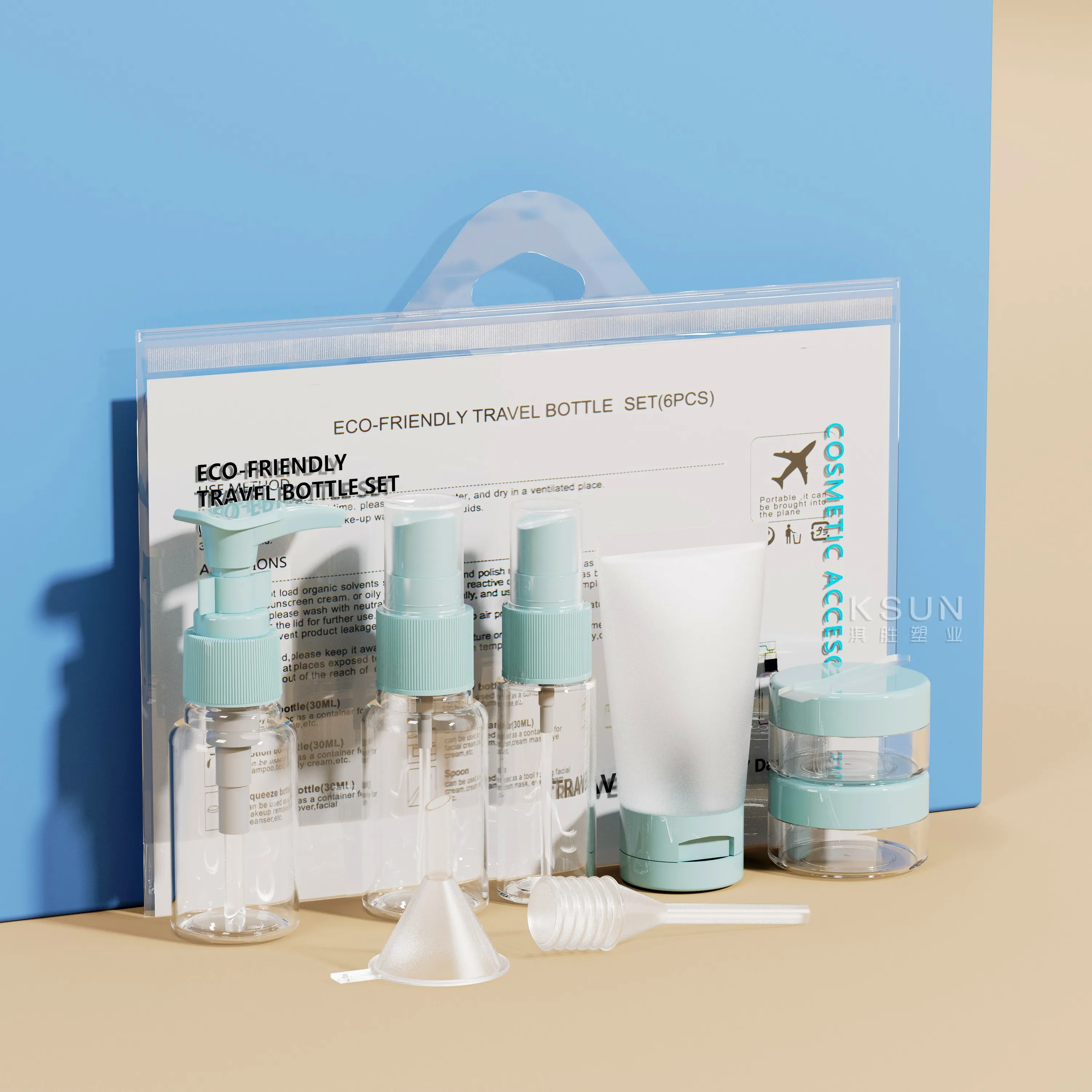 

Travel partner airline bag plastic travel kit blue white bottle set with spray bottle lotion bottle cream jar and pouch, Custom color
