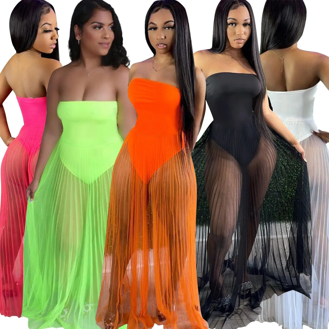 

Summer Strapless Sheer Mesh Patchwork Long Dress Women Sexy Transparent See Through Beach Maxi Dresses Robe Sundress, Picture shows