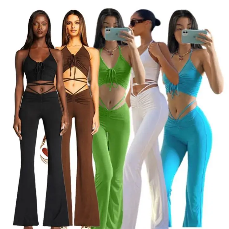 

MISS New Arrival Summer Condole Belt Drawstring Trumpet Pant Sets For Women Clothing Outfits 2 Piece