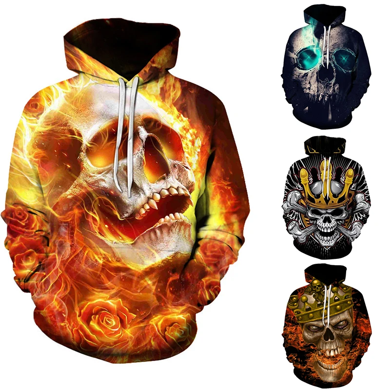 

Flame skull print 3D digital hooded sweatshirt street fashion casual plus size men's hoodie