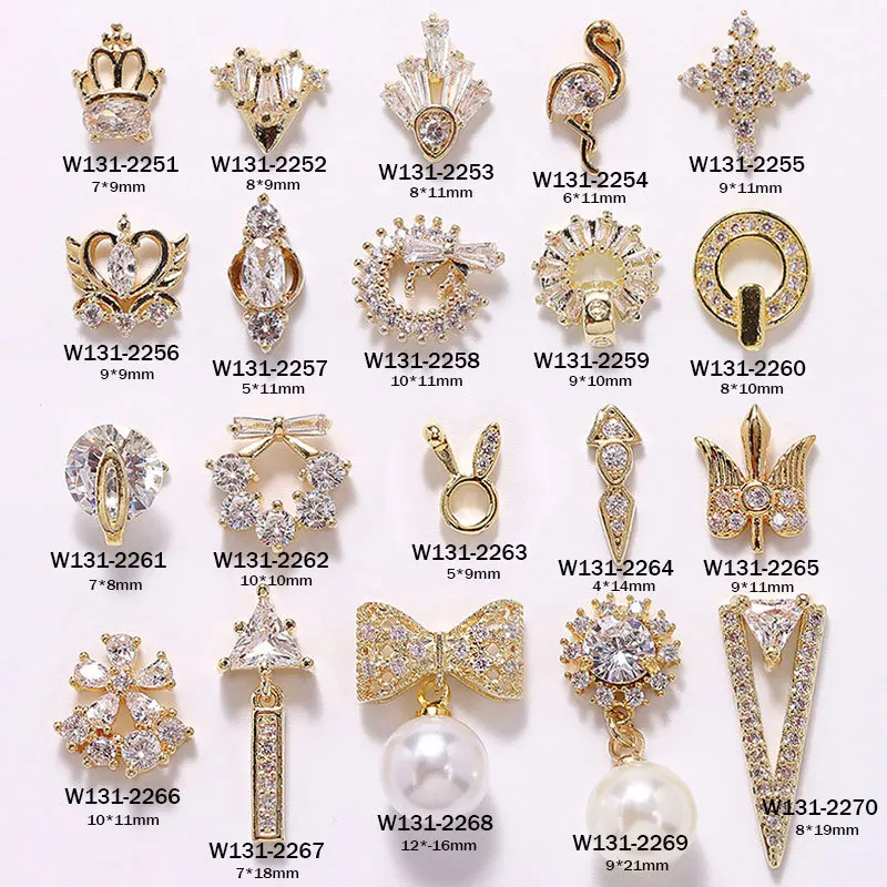 

Luxury Nail Art Charm Cubic Zircon Nail 3D Diamond Gold Plated Pearl Heart Knot DIY Nail Sticker Art Decoration Finger Jewelry, Colorful