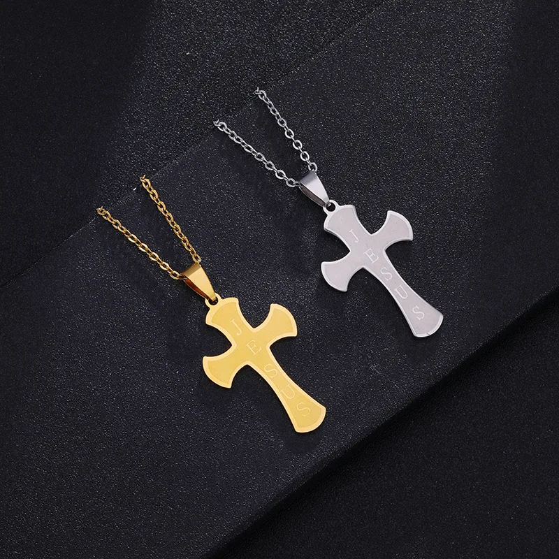

18K Gold Plated Stainless Steel JESUS Letter Cross Pendant Necklace Religious Cross Pendant Necklace