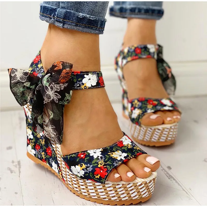 

Summer Beach Boho Floral Wedge Sandals Women Ankle Strap Platform Gladiator Shoes Woman High Heels Sandalias Mujer