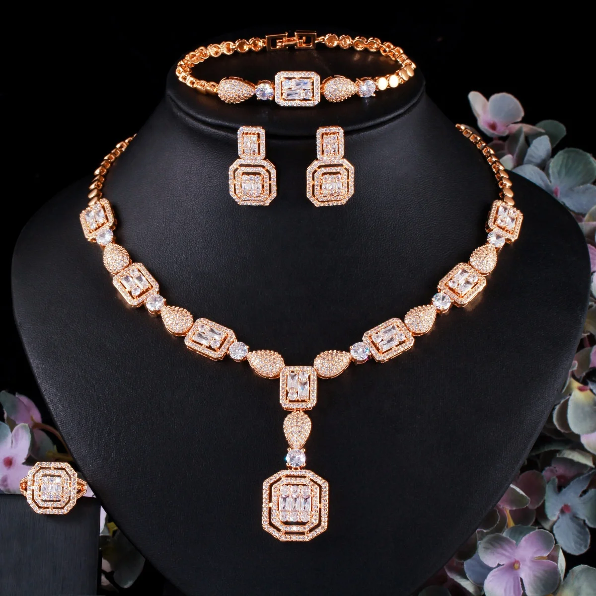 

Cheerfeel NE-299 zircon square shape earring bracelet necklace set wedding bridal 18k gold filled plated necklace