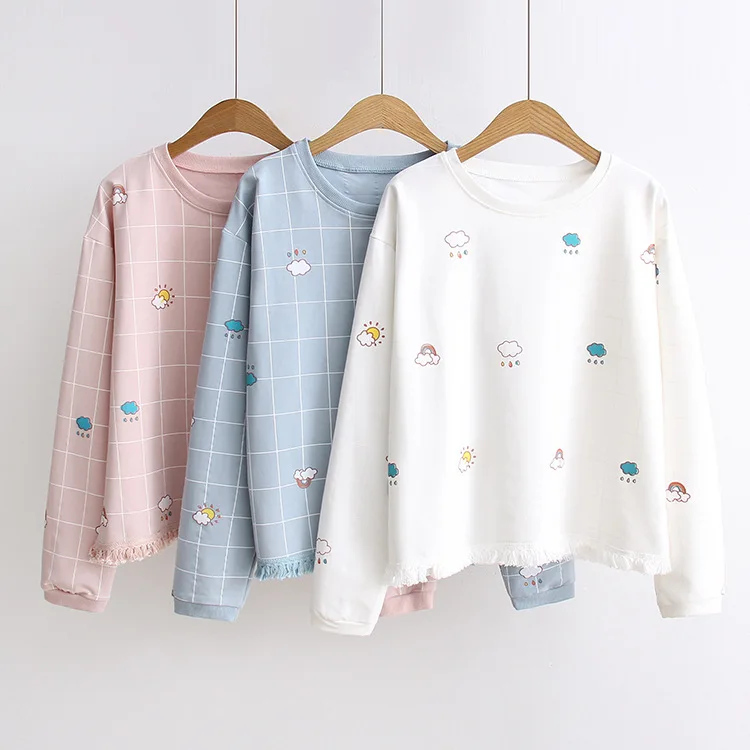 

Female fashion cute plaid long-sleeved sweater student loose bottoming top