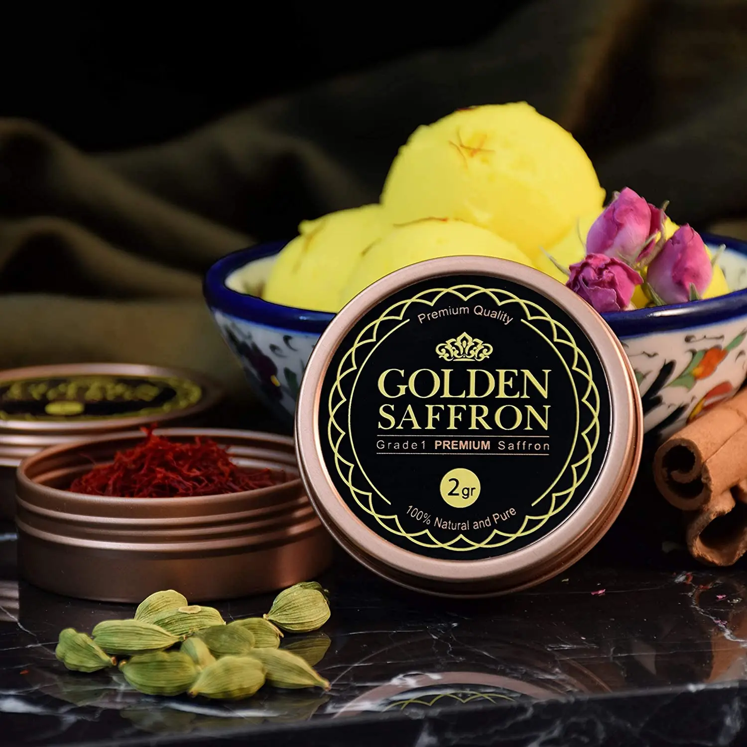 

Custom 1g 5G 10g empty printed food grade spice saffron tins box empty small metal can rose gold round saffron packaging tin