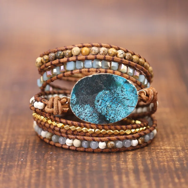 

European and American Vintage Charm Latets Natural Leather Wrap Beaded Huge Ocean Stone Pure Handmade Bracelet Boho Chic Jewelry, Mixed color