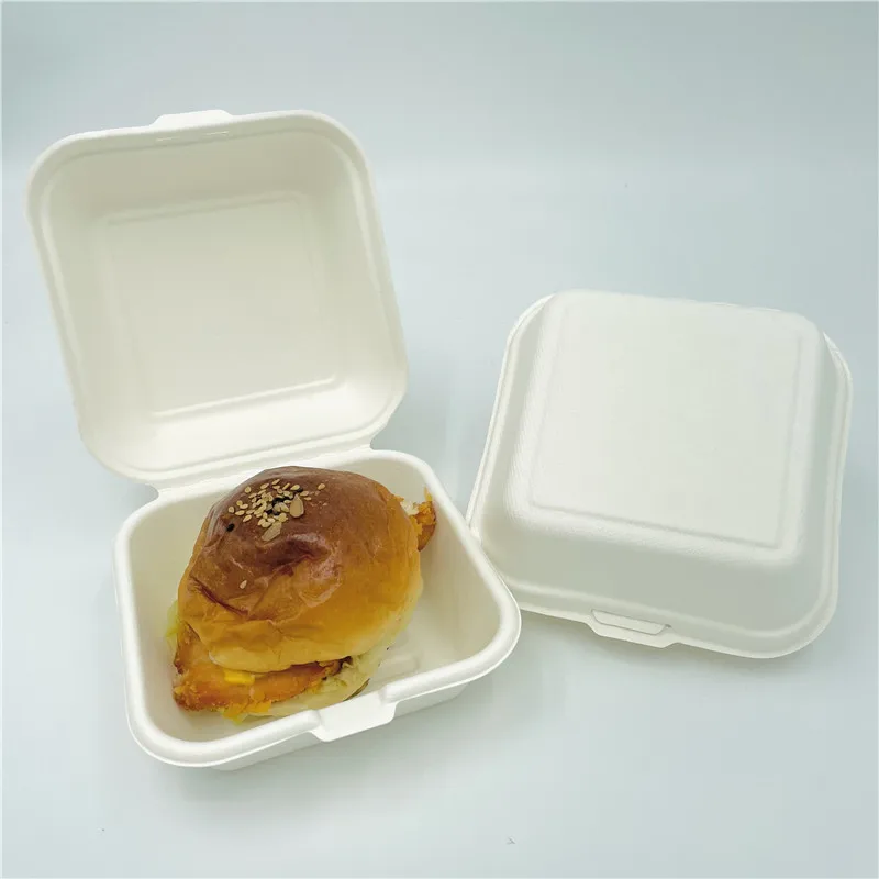 

Wholesale biodegradable Disposable Food Packaging Bagasse Clamshell Takeout 6 inch Burger Box, White or natural