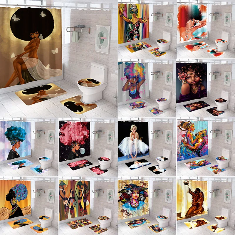 

High quality wholesale bathroom american couple 3d print fabric funny 4 piece designers african shower curtain set