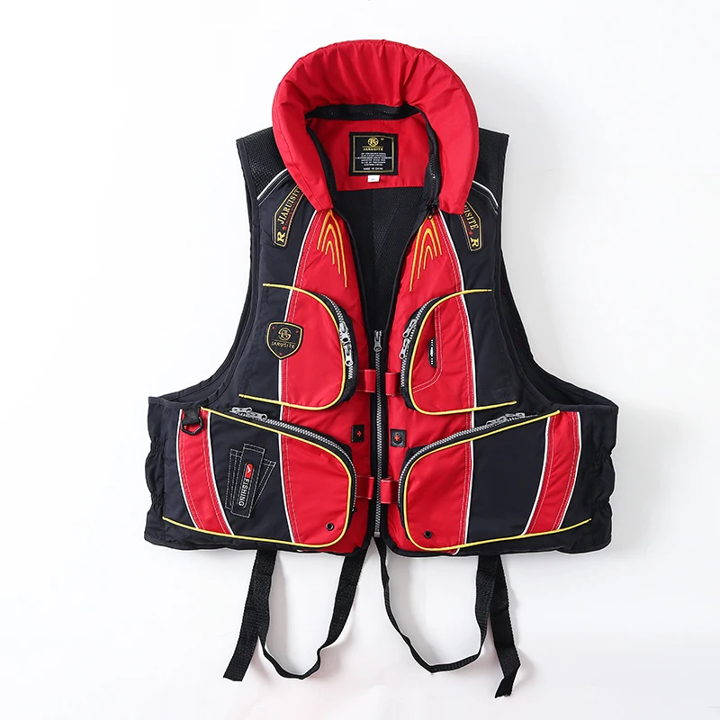 

Multifunctional EPE Foam Reflective Safty Buoyancy Multi Pockets Removable Collar Fishing Life Jackets Vest, Red black white orange