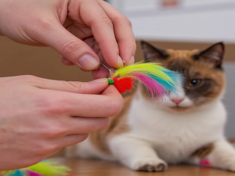 Hands attaching feathers to DIY cat teaser lure