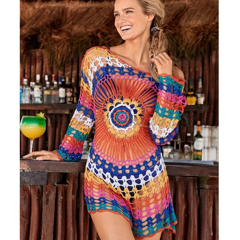 

New arrival rainbow color long sleeve crochet beach summer dress, As picture