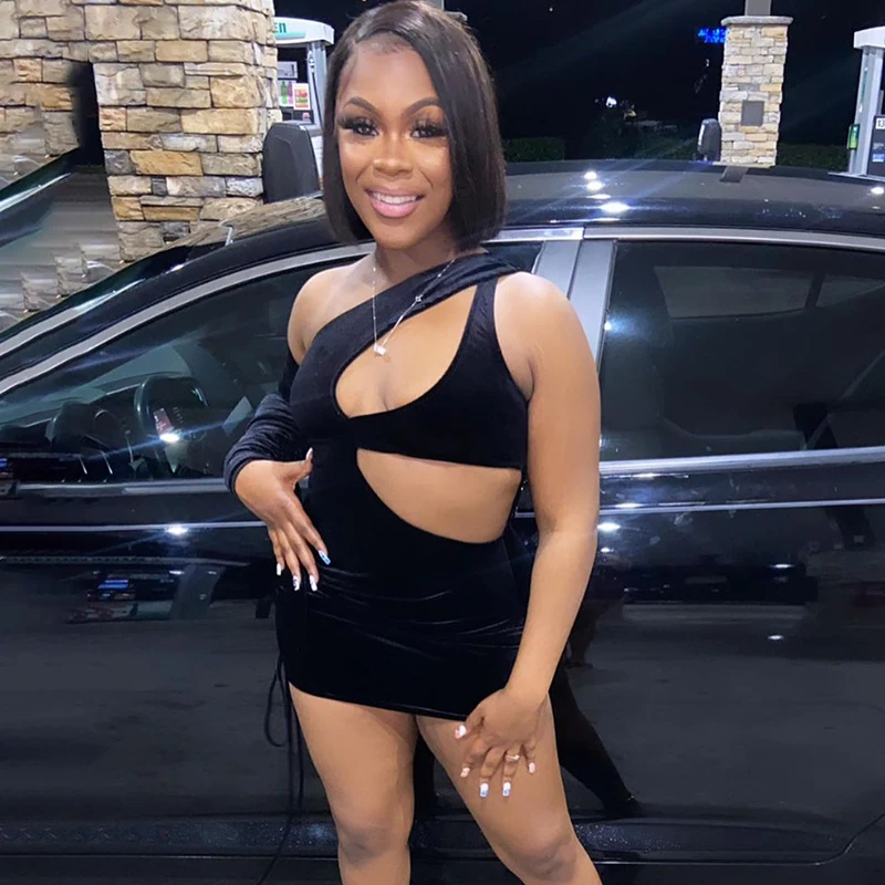 

Bomblook R21DS175 Sexy Dress Women Hollow One Sleeve Solid Color Skinny Mini Dress