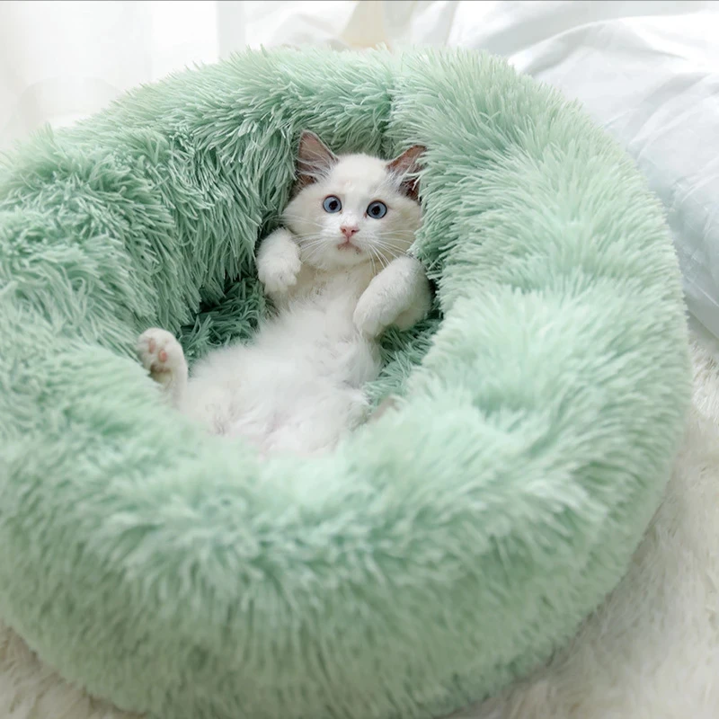 

Hot sale round soft faux fur fluffy luxury pet dog cat bed, Light gray, beige, brown, dark gray, wine red, purple, black