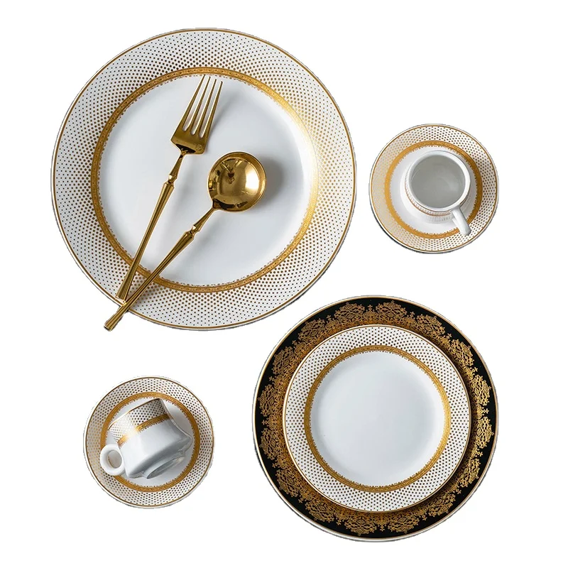 

HY New Luxury Gold Rim Plate for Wedding Party Storage Tray Dinner Set Dinnerware Bone China ceramic plate set nordic