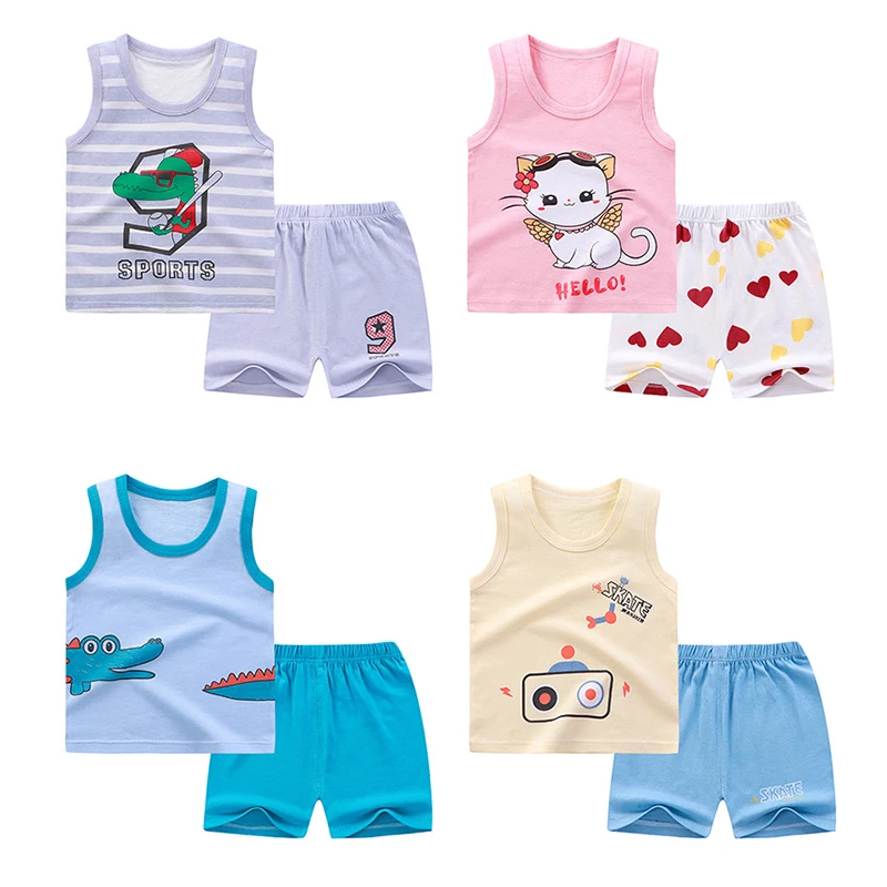 

Wholesale Price Summer Kids New Style Pure Cotton Children's Sleeveless Suit 2piece cotton tank top Baby Clothes Sets