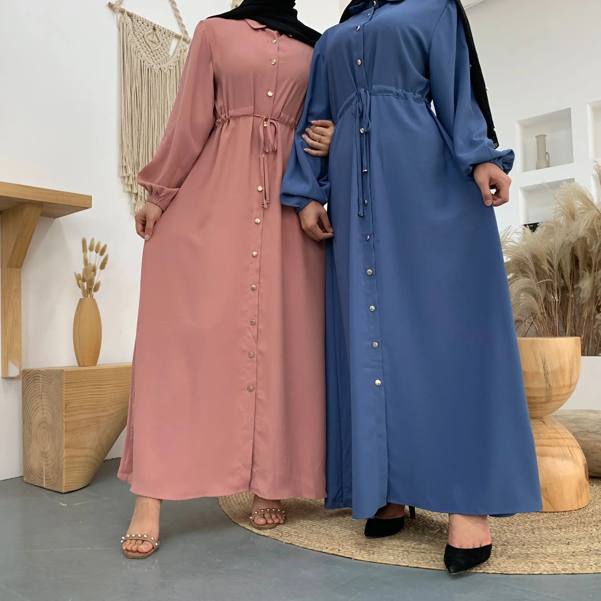 

2020 new fashion lapel solid color full button slim dress long skirt abaya muslim dress islamic clothing