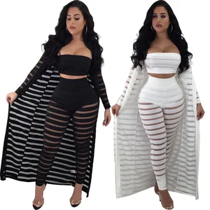 S3365 Three piece suit outfits women solid lace bandage top sexy long trouser with coverup 2