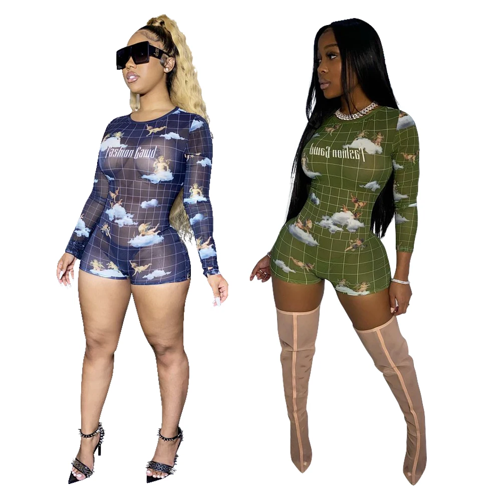 

2022 New fashion see-through polyester mesh sexy jumpsuit women round neck long sleeve short for woman