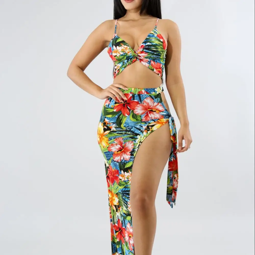 

Trendy Knot Cross Sling Pleat Swimsuit Cutout Two Pieces V Neck High Waist Floral Bathing Suits Beachwear Swimwear Women