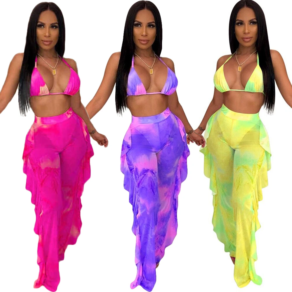 

Summer Outfits 2021 Womens Ruffle Two Piece Swim Suit Bikini Tie Dye 2 Piece Sexy Bras and Sheer Long Pants Set