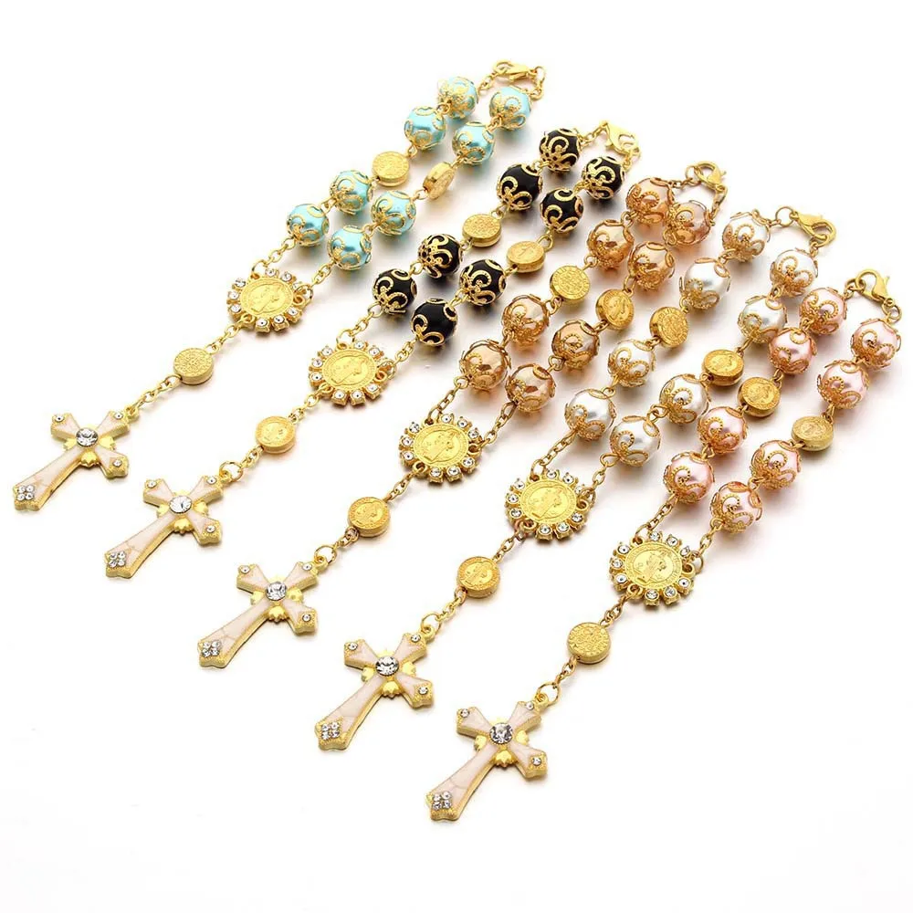 

Elegant Pink Blue Gold Color Crystal Pearl Cross Catholic Rosary Jesus Bracelet