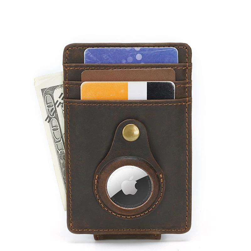 

Smart Anti-lost Slim Airtag GPS Minimalist Genuine Leather Vintage Card Holder RFID Airtag Wallet, Dark brown,light brown