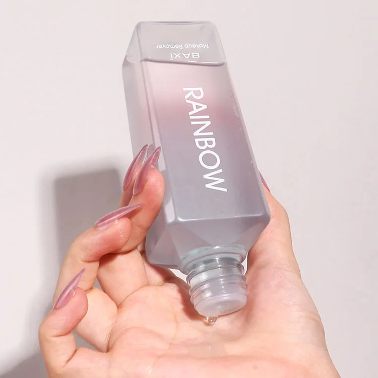 

Private label wholesale clean and moisten skin three color rainbow liquid makeup remover