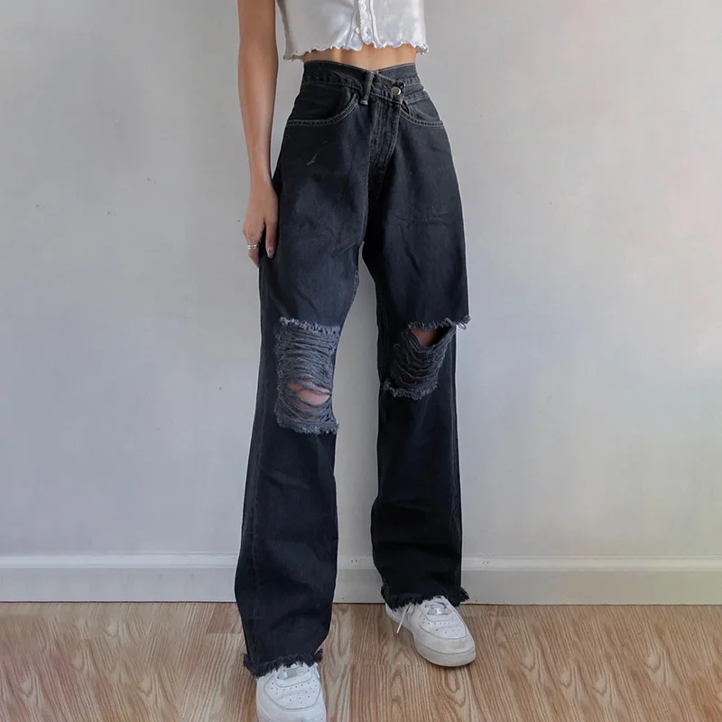 

2021 loose stretchy vintage fashion customized distressed straight leg denim black high rise baggy ripped mom jeans women, As picture