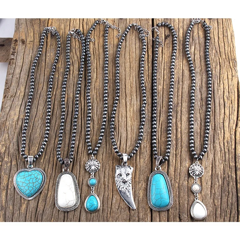 

Fashion Vintage Jewelry Gray Drawing Navajo Pearl Turquoise Stone Drop Alloy Heart Flower Pendant Necklaces Western Jewelry