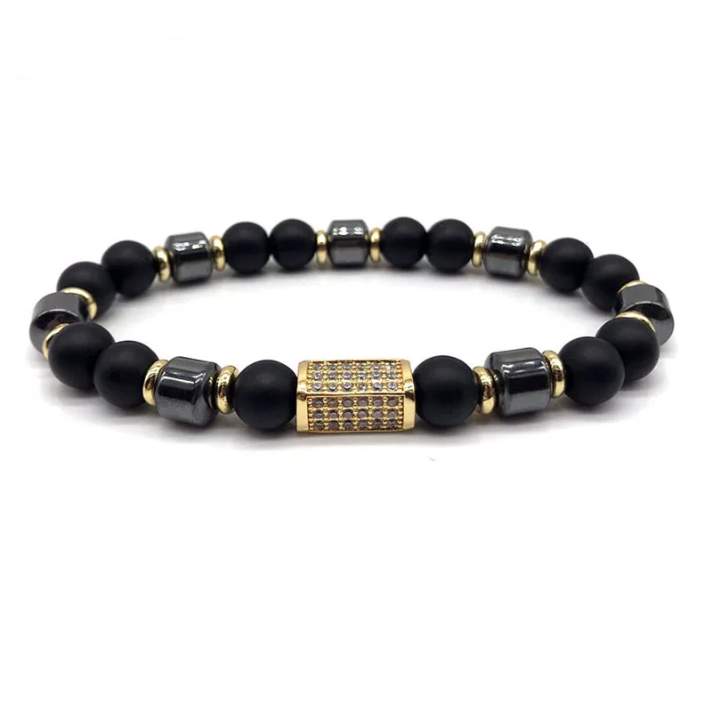 

New design natural gemstone matte onyx hematite bead CZ diamond tube stretch bracelet