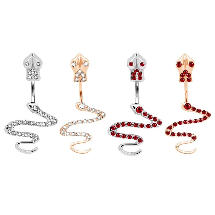 

SC Hot Selling Surgical 14G Stainless Steel Belly Rings Navel Rings Red Zircon Crystal Snake Belly Button Rings Dangle for Women, Silver, rose gold