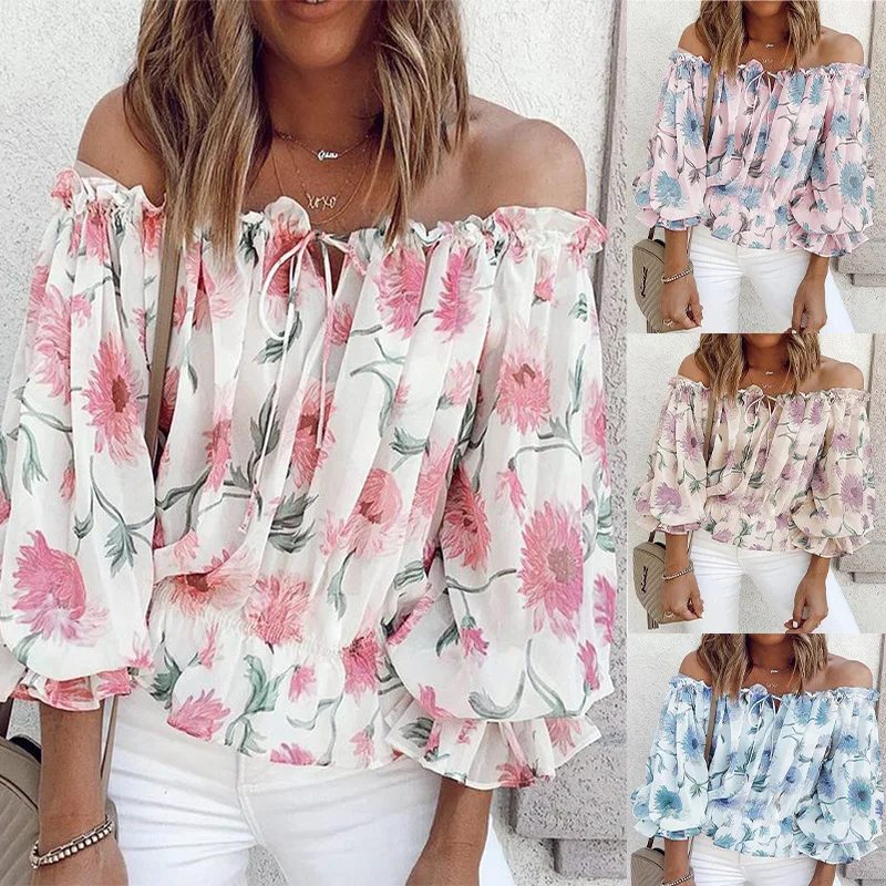 

Summer Fashion Ladies Chiffon Floral Print Off Shoulder Tops Woman Blouses