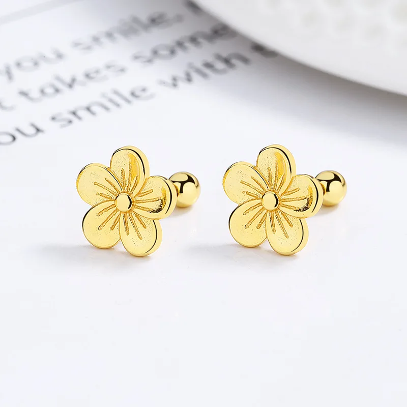 925 Sterling Silver Thread Earring Flower Five Petals Peach Blossom Gold Plated Stud Earrings for Women