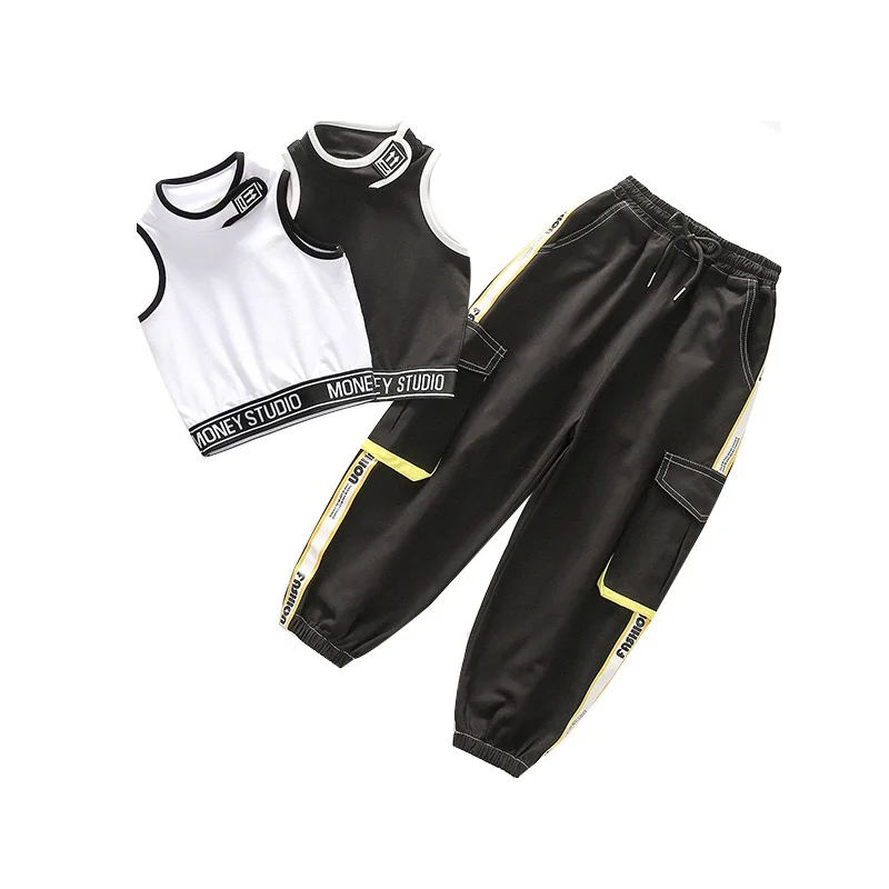 

Jazz Dance Costumes Hip Hop Kids Sleeveless Top Vest Pants Girls Hiphop Clothes Street Dance Stage Show Wear, 2color