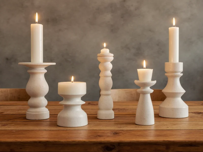 Five handmade candle holders on rustic wooden table