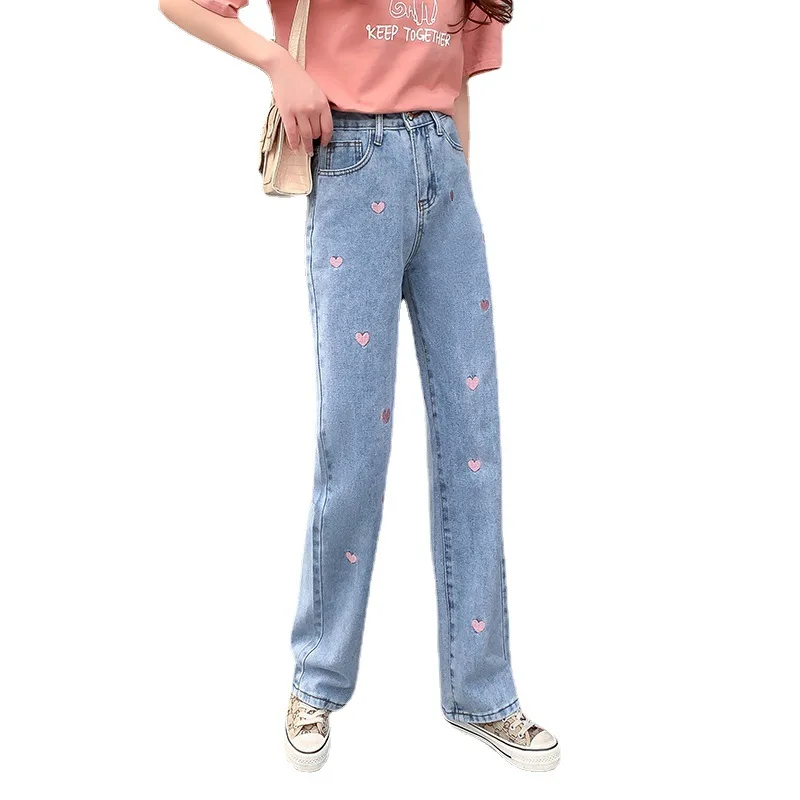 

2021 Women Vintage Jeans Winter Fashion Embroidery Wide Leg Pants Loose Casual Sweatshirt High Waist Baggy Jeans