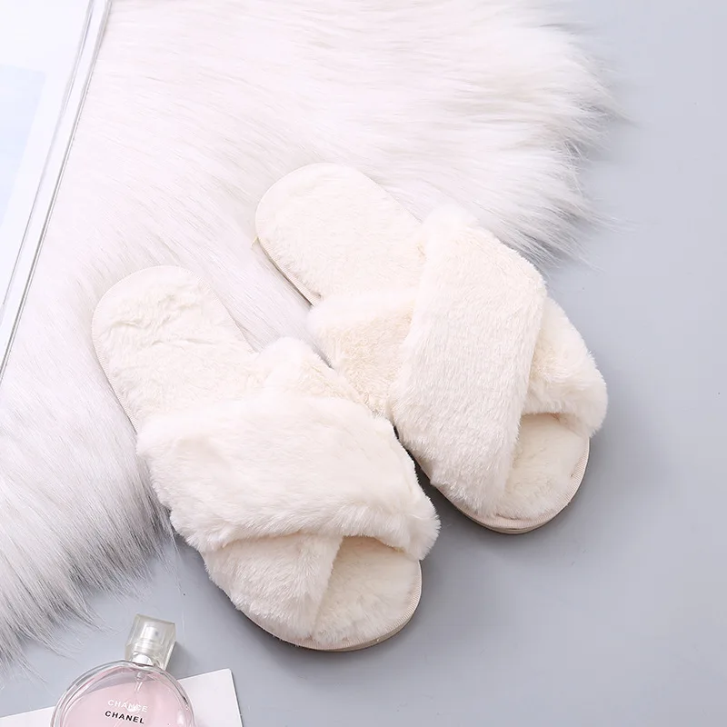 

Winter Home Slippers Shoes Ladies Cross Soft Plush Furry Female Open Toe Slides Women Warm Faux Fur Slippers, As pictures