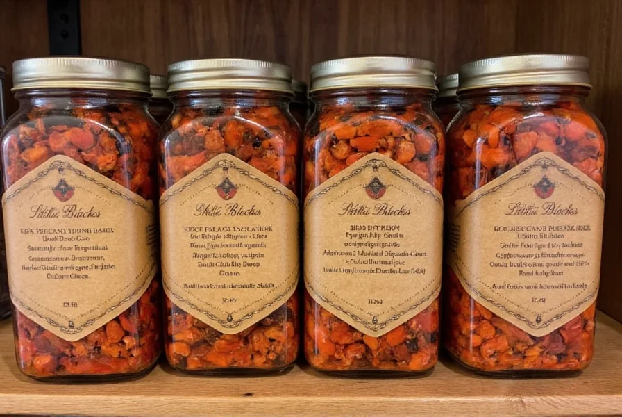 Chili blocks stored in glass jars with proper labeling and desiccant packets