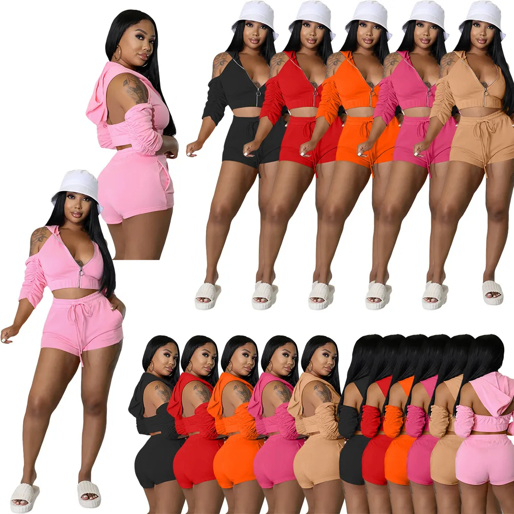 

M-hot sale folds solid women 2 piece set clothing fashion pockets zipper side hole hollow out drawstring shirt 2 piece short set