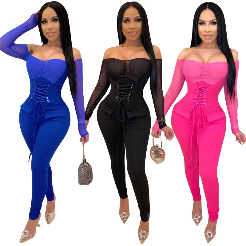 

2020 new standard yards sexy tight gauze stitching strapless leggings woman jumpsuit latest design, 3 colors