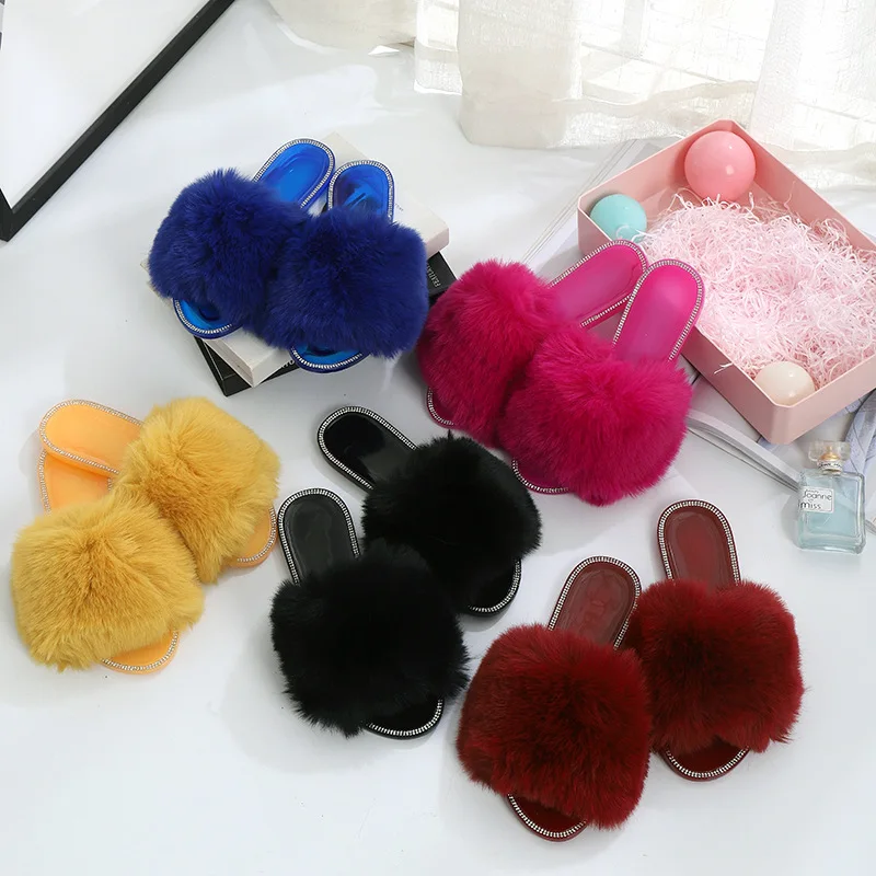 

2021 March Expoina wholesale bulk plush rabbit fur fluffy Home slippers Faux Fur Slide with rhinestone, jelly sandals for women, Yellow,black,novy,brown,plum
