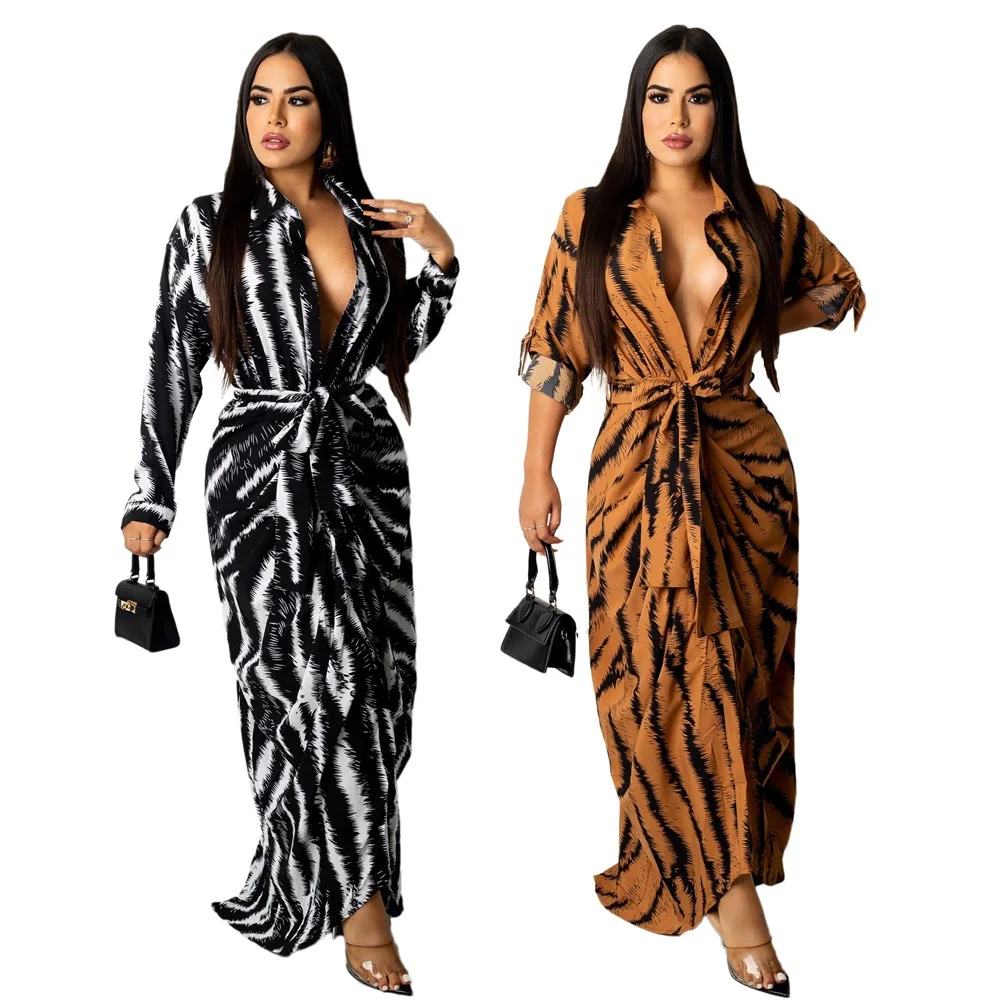 

Spring Fall V Neck Fashion Long Sleeve Maxi Print Casual Women'S Dresses