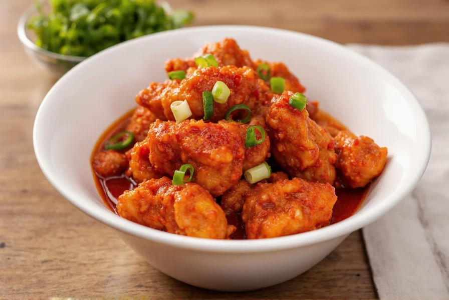 Crispy chili chicken pieces glistening with red sauce, served in white bowl with green onions garnish