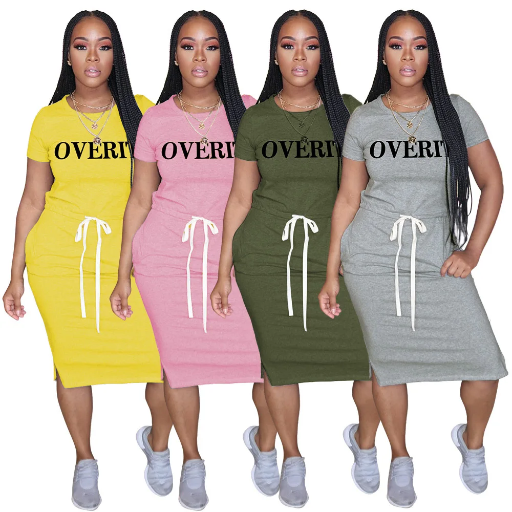 

Wholesale Amazon Hot Plus Size Crew Neck Letter Drawstring Skirt Short Sleeves With Pocket Solid Color Casual Dresses, Shown