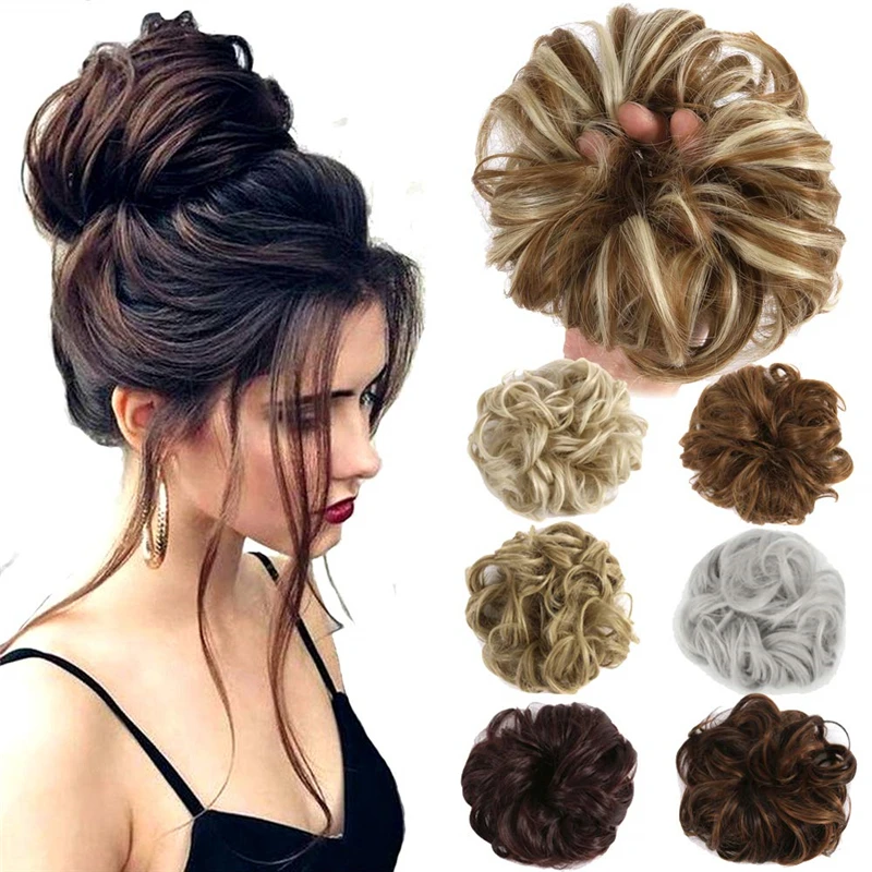 

Short Synthetic Hair Bun Extensions Wavy Curly Messy Donut Chignons Hair, Black,multi