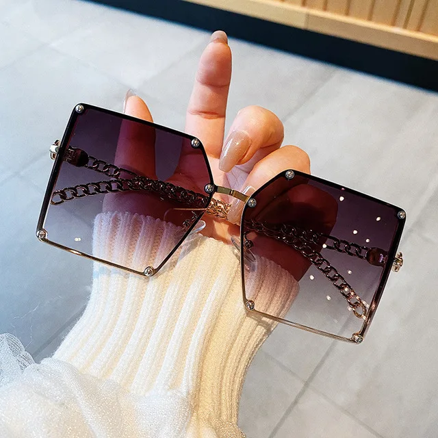 

PANO 2021 Women Luxury Glasses Metal Frame Square Rivet Chain Sunglasses, 6colors