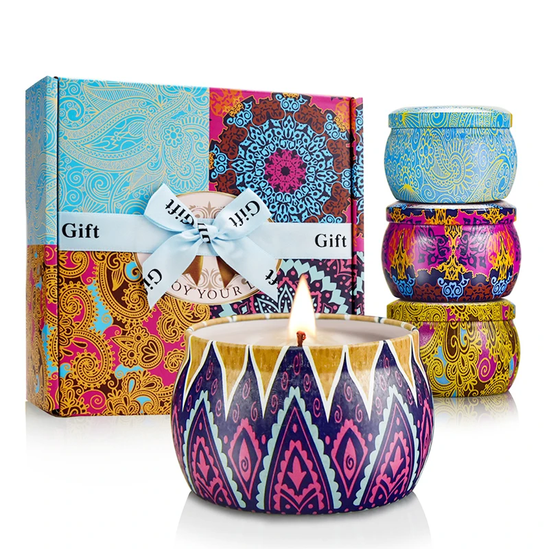 

4 Kinds Of Scented Candles Gifts Sets With Flowers Tin Can Fragrance Custom Luxury Home Decoration