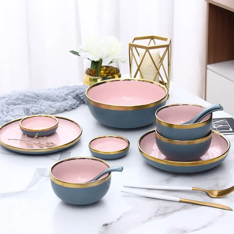 

Nordic glaze gilt ceramic tableware set household kitchen supplies plate dishes spoon dinnerware sets for gift, Pink;blue-green;grey;golden