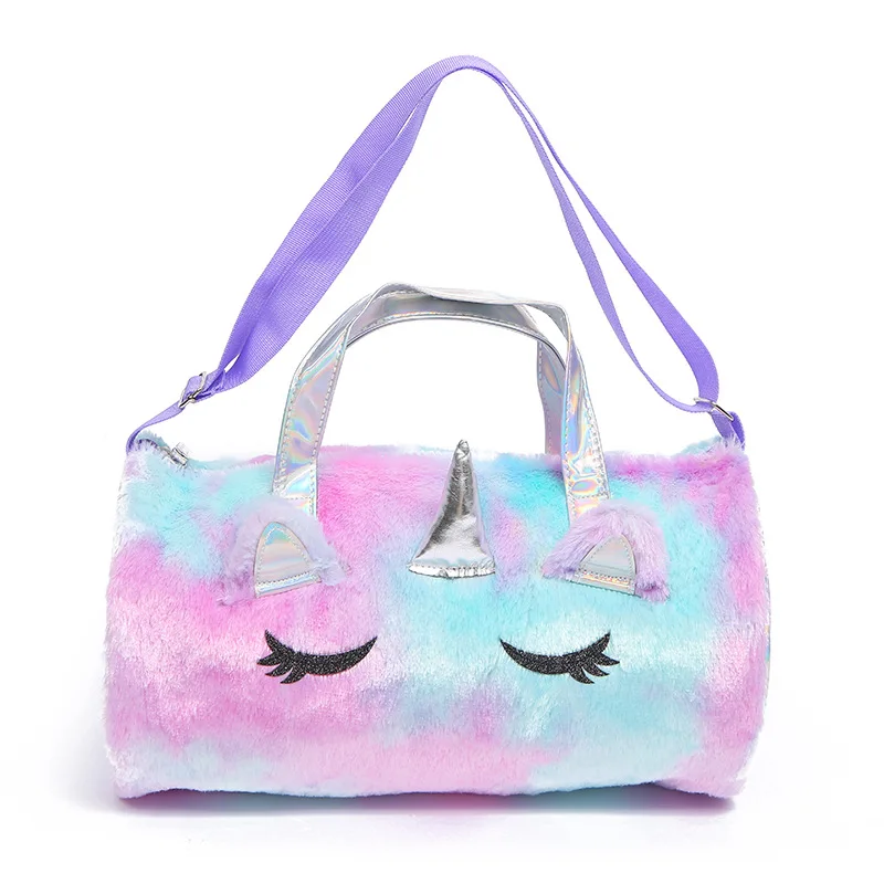 

Kids Duffle Bag Leisure Cute Cartoon Stylish Rainbow Unicorn Purple PU Plush Handbag Duffel tote Bag Fur Travel Bags For Girls, As pictures
